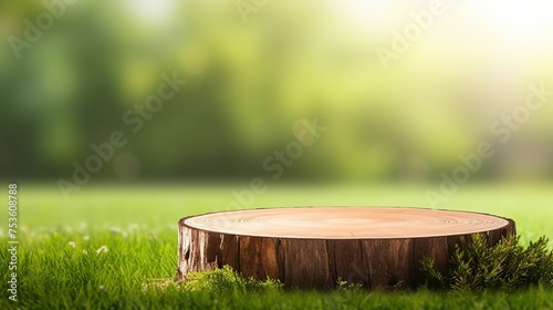 Beautiful round wooden podium, pedestal for an object on a background of lush green grass. Sunlight, photography 