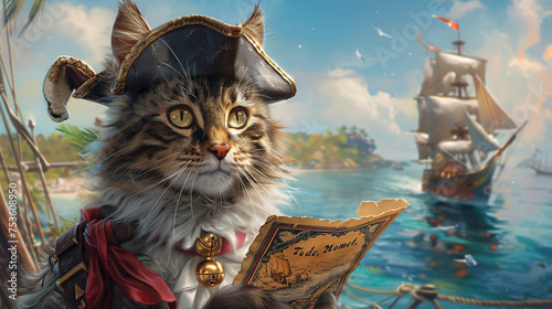 a maine coon cat wearing a pirate hat and a hook paw holding a treasure map. background with a ship and an island.