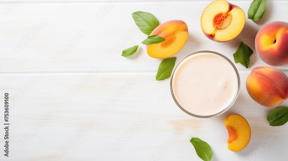 On a wooden table there are fruits for a smoothie, a glass with a smoothie, on a white background with sunlight, top view. color Peach Fuzz On a wooden table there are fruits for a smoothie, a glass with a smoothie, on a white background with sunlight, top view. color Peach Fuzz