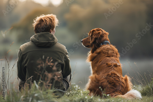 Man and irish setter enjoying peaceful nature together, overlooking water.