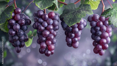 A purple grape cluster hanging from a vine isolated on transparent background, PNG format