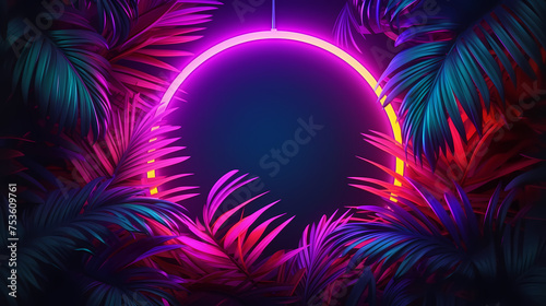 Glowing neon border embracing abstract palm leaves