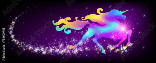 Galloping iridescent unicorn with luxurious winding mane against the background of the fantasy universe with sparkling stars.