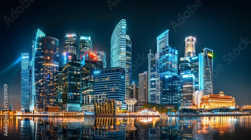 Panoramic night view of metropolis skyline reflecting in tranquil sea waters under starry sky