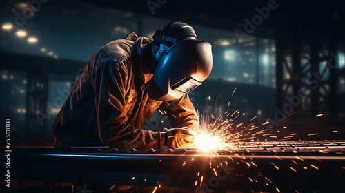 Close up of welder working on medium sized pipe, blue light illuminating metal welding process