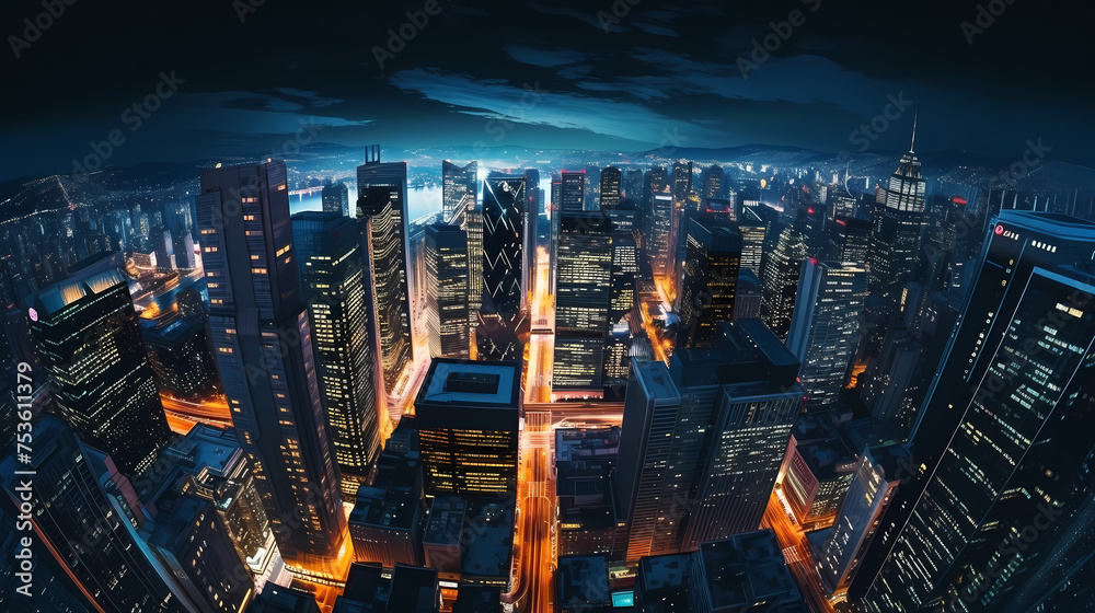Obraz premium High angle view of city at night with skyscrapers and large buildings