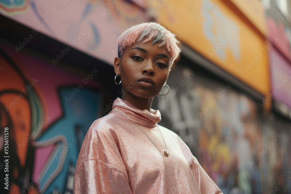 Young woman with pink hair and hoop earrings against a vibrant graffiti backdrop, exuding urban style and confidence.