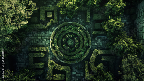 Aerial view of green garden labyrinth. Mysterious landscape design. Generative AI