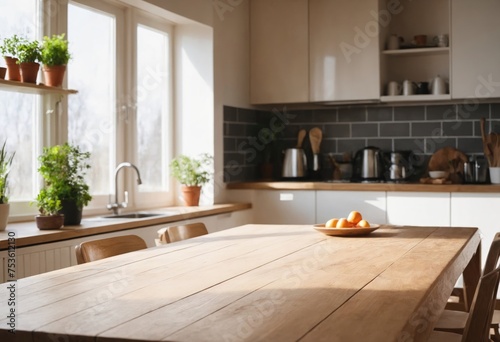 Wooden table top on blur kitchen room with window in background. Advertising template for utensil and products. Copy space. For montage product display or design key visual layout. Ai Generation