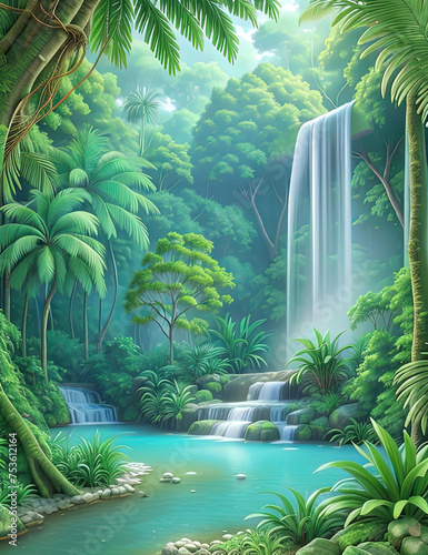 a painting of a waterfall in a tropical jungle with palm trees