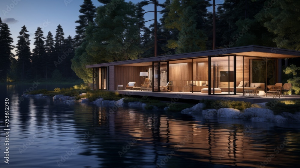 A minimalist lakeside retreat, where a sleek wooden house sits amidst tall trees