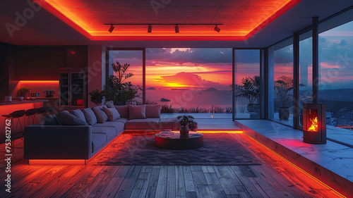 Unwind in a stylish living room adorned with panoramic windows framing a captivating sunset seascape, furnished with minimalist flair and bathed in warm, ambient lighting.