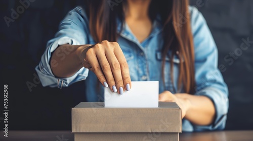 Empowered female voter submitting her ballot in secure box at sleek polling place