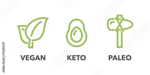 Diet types bold flat icons - Keto, Paleo, Vegan.