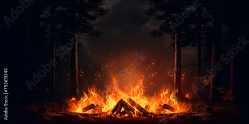 Autumn Bonfire  3D rendering of big bonfire with sparks and particles in front of pine trees and starry sky