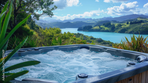 An outdoor hot tub with bubbling water on a wooden deck overlooks a serene lake surrounded by lush greenery and hills under a blue sky.