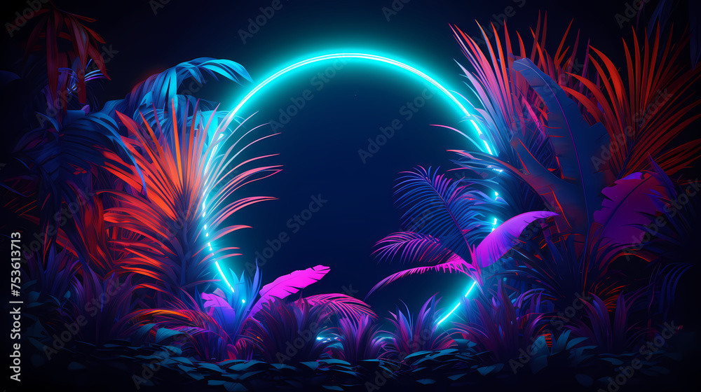 Neon frame with tropical palm leaves