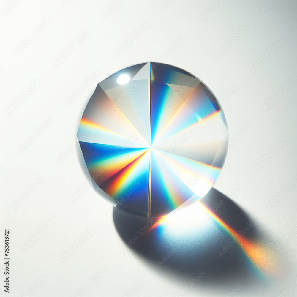 Obraz premium Transparent geometric figure radiating rainbow light on a white background. AI generated
