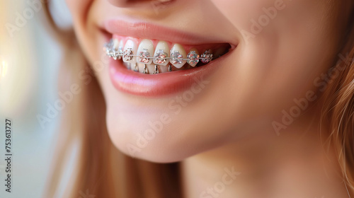 Close-up of a happy smile of a young woman with healthy white teeth with metal braces decorated 