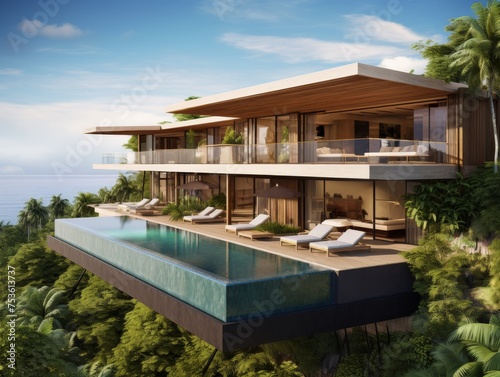 A modern house nestled amidst lush tropical vegetation