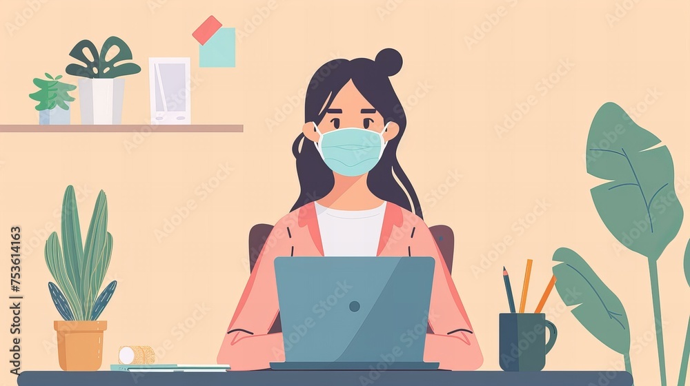 Female employee wearing a mask while sitting at her desk with a laptop and working at office in a vector illustration, minimalistic style,