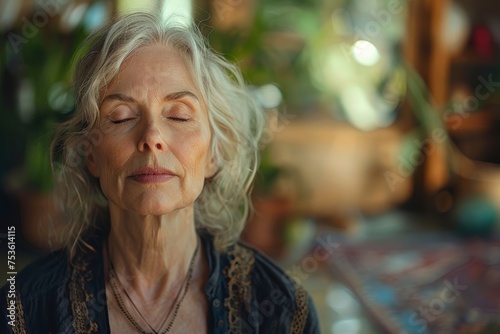 Elderly lady meditates at home, using deep breaths to relax and focus, finding inner peace through mindful pranayama. © tonstock