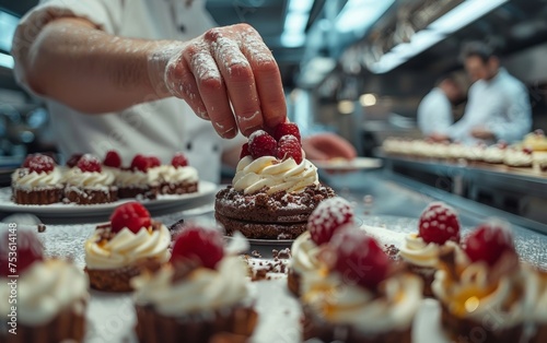 A skilled pastry chef is putting the finishing touches on a decadent dessert in a busy kitchen.