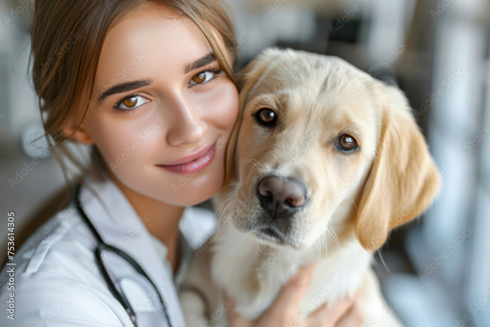 Dog with Veterinarian. Young female veterinarian warmly embraces a gentle golden retriever, highlighting the special bond between animals and caregivers. Dog with Veterinarian. Young female veterinarian warmly embraces a gentle golden retriever, highlighting the special bond between animals and caregivers.