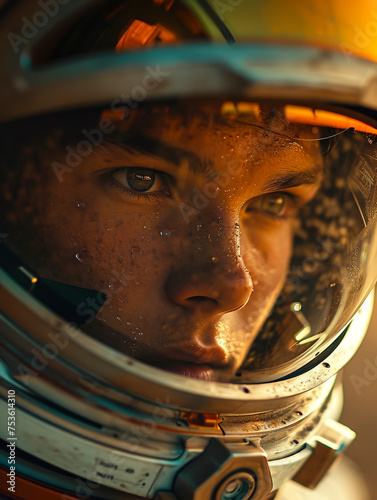 Astronaut Mars helmet extreme close-up shot, spaceman portrait with visor reflection, futuristic space exploration concept created with Generative AI technology