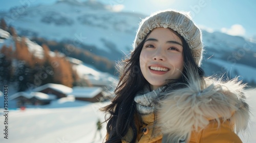 Joyful asian woman strolls through snowy ski resort, enjoying chilly winter day on snow-covered mountain.