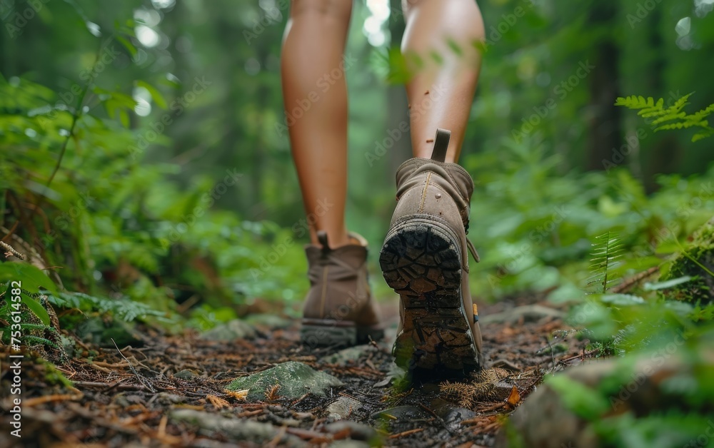 Woman hiking in the woods, close-up of her feet navigating the forest path. Woman hiking in the woods, close-up of her feet navigating the forest path.