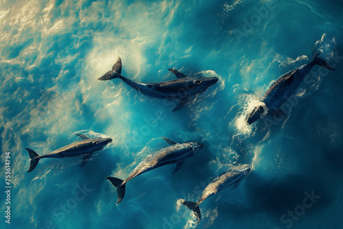 Pod of Dolphins Swimming Gracefully in Sunlit Ocean Waters 