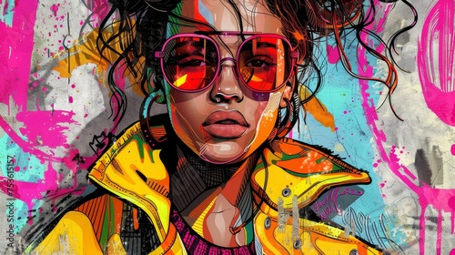 A digital art portrait featuring a woman with stylish sunglasses  set against a vivid graffiti wall background. Perfect for urban culture themes.