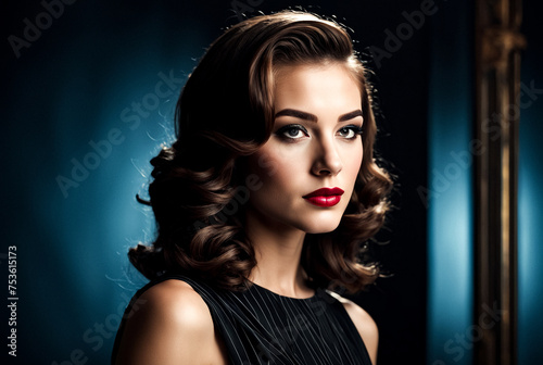 Portrait of elegant teen lady in Chicago retro style image posing at spotlight, confident looking away. Perfect teenage american cover girl in black dress. Fashion vintage concept. Copy ad text space
