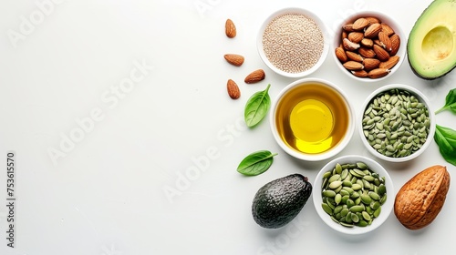 Assorted healthy fats selection with avocado, nuts, seeds, and olive oil, with copy space for text.