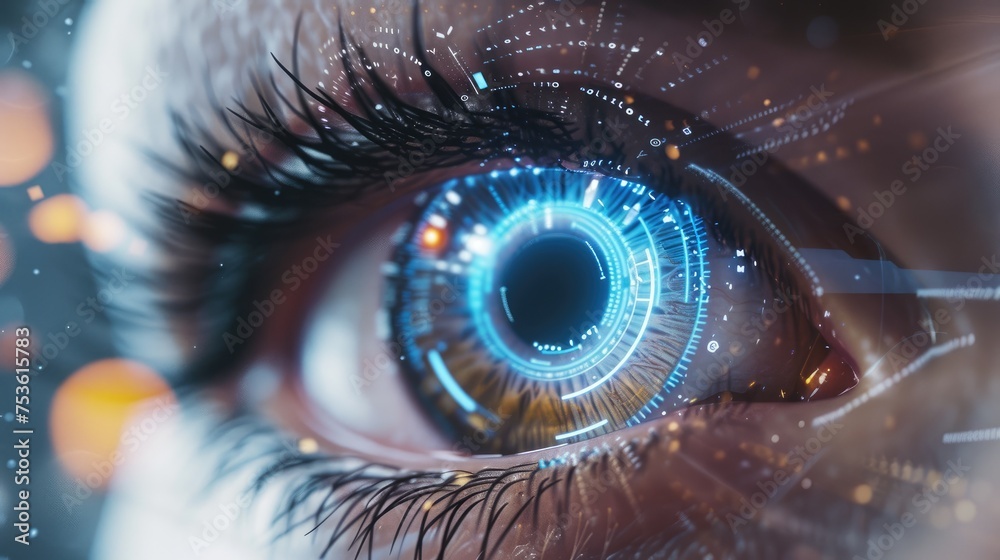 Closeup of a human eye with virtual hologram elements Closeup of a human eye with virtual hologram elements