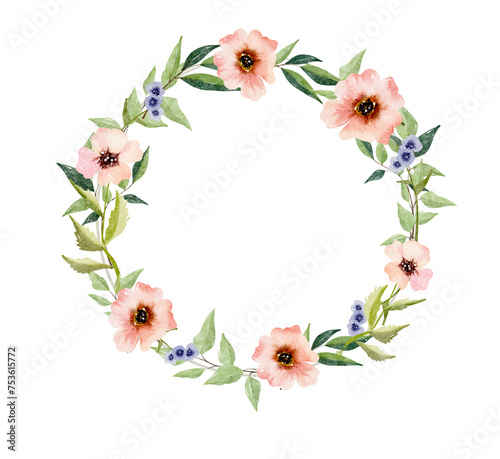 Watercolor wreath with green leaves and wildflowers