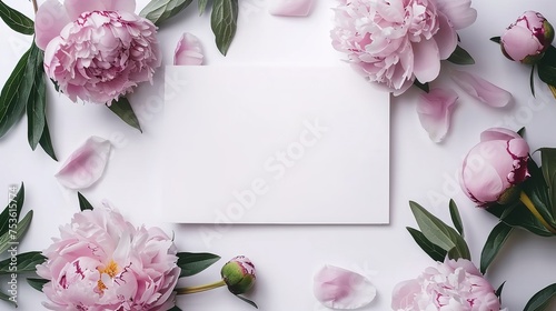 White card mockup with silk ribbons and pink roses in a pot on a white table. ,generative ai, photo
