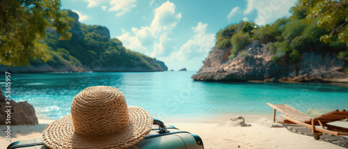 A serene beach view from behind a straw hat resting on a lounge chair, overlooking turquoise waters and lush green cliffs.