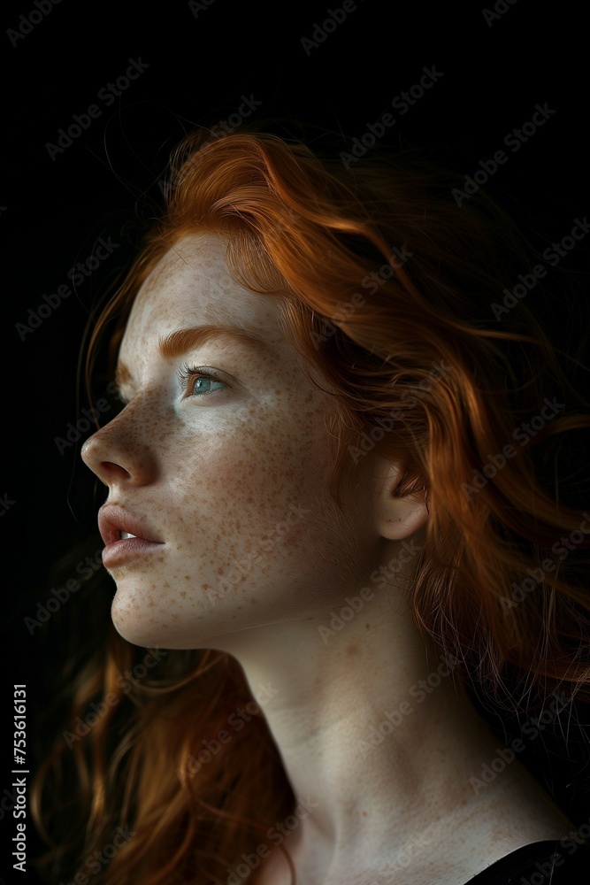 profile portrait of a woman with long red hair