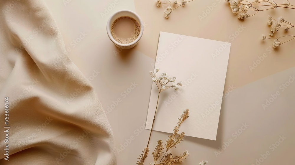 White invitation card mockup with a lagurus and a cup of coffee on the beige table.,generative ai, - obrazy, fototapety, plakaty 