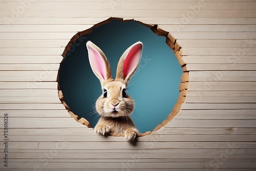 Cute rabbit looking through hole in wooden wall. Easter holiday concept