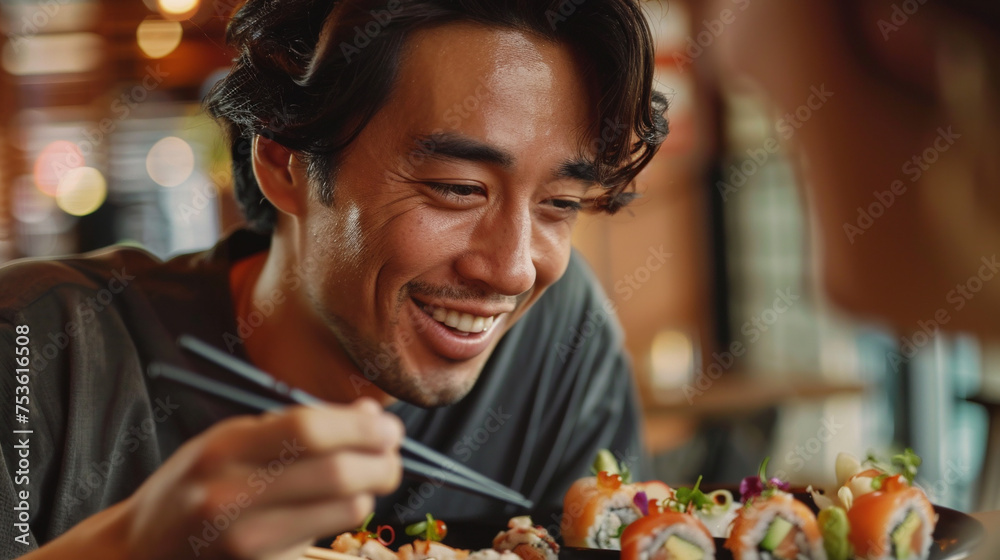 Asian man eating sushi.