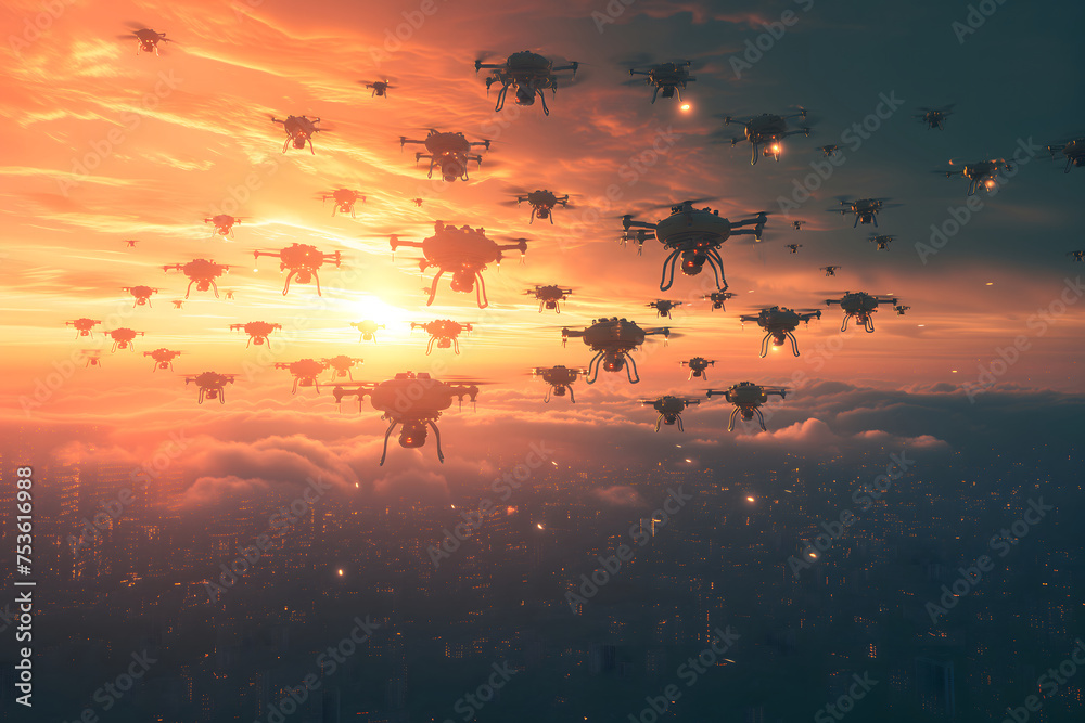 Swarm of drones over city at summer morning. Neural network generated image. Not based on any actual scene or pattern. Swarm of drones over city at summer morning. Neural network generated image. Not based on any actual scene or pattern.