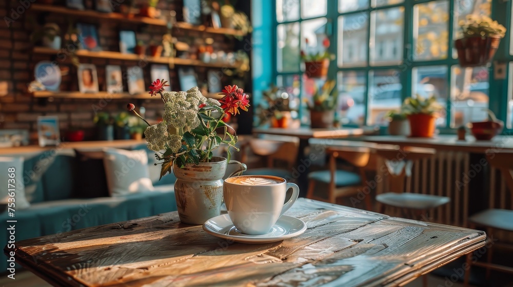 A warm and inviting cafe scene featuring a cup of latte art on a rustic wooden table, complemented by a vase of fresh flowers in the soft morning light.