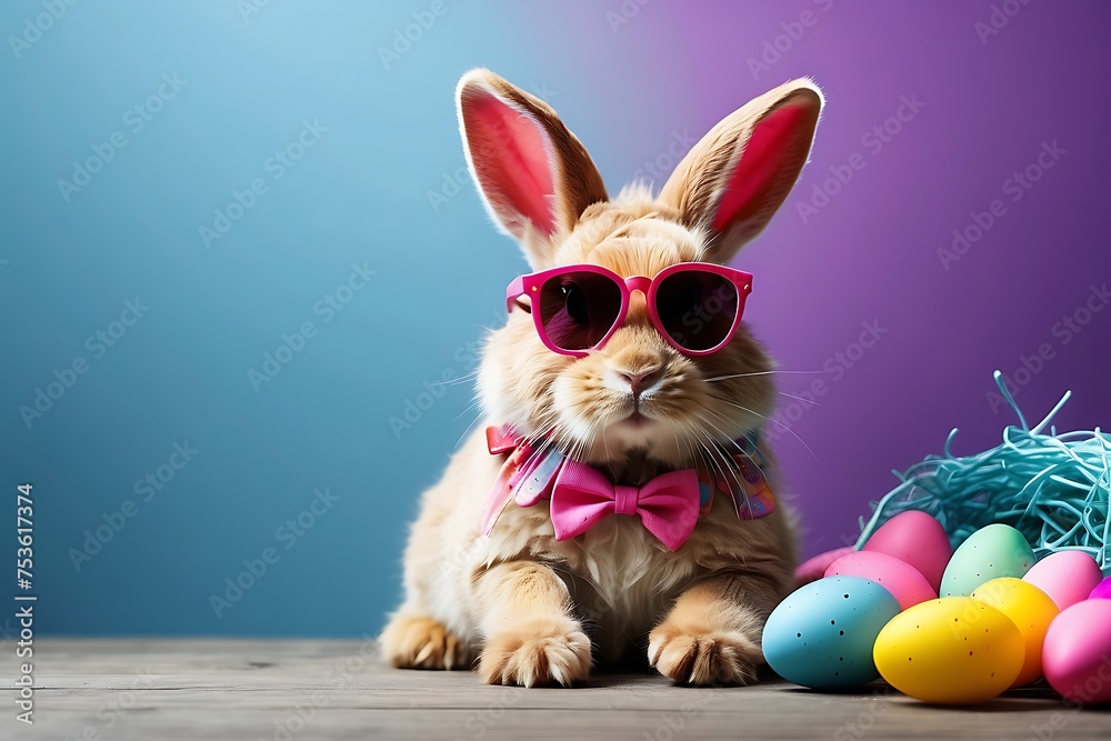 Cute bunny with sunglasses and colorful easter eggs on blue background