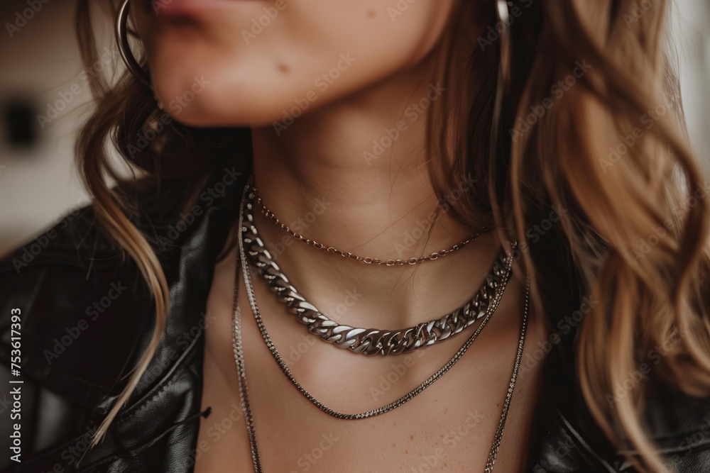 trendy layered silver necklace on woman close up