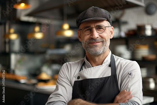 Retrato de un cocinero, chef sonriente, empresario con su negocio de fondo, mirando a cámara, sonriendo en la cocina de un restaurante