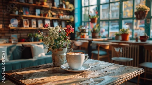 A warm and inviting cafe scene featuring a cup of latte art on a rustic wooden table, complemented by a vase of fresh flowers in the soft morning light.