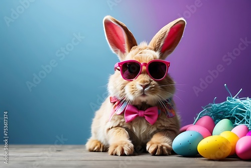 Cute bunny with sunglasses and colorful easter eggs on blue background © ASGraphicsB24